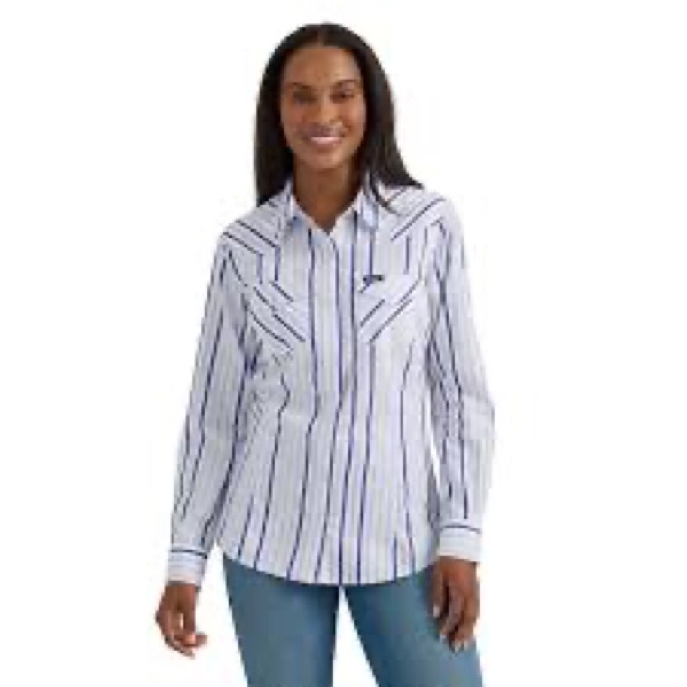 Wrangler White Button-Front Shirt with Blue Stripes